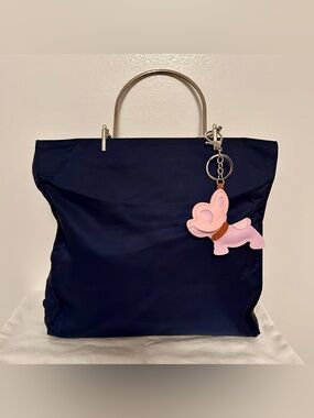 Unique vintage Prada Tessuto nylon bag.  Metal Handles! Deep Navy color